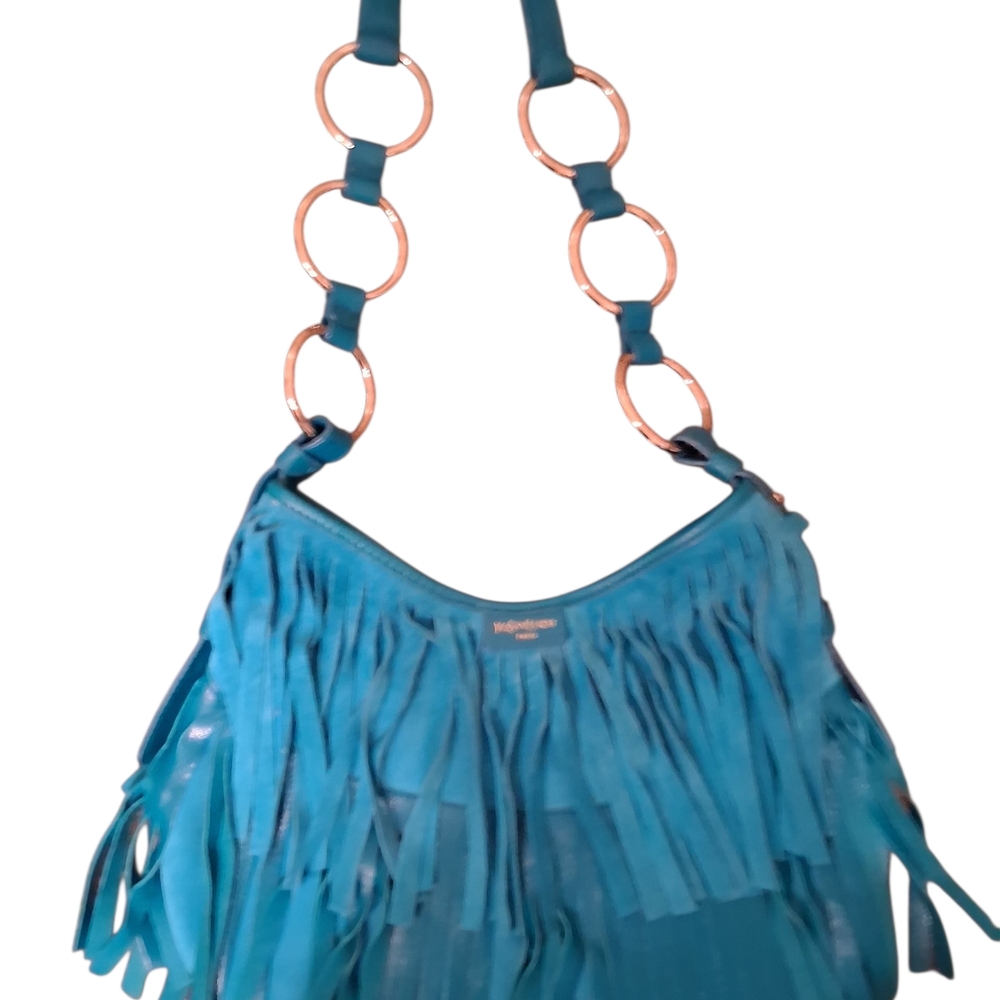 Fringed Blue Shoulder Bag With Protective Duster